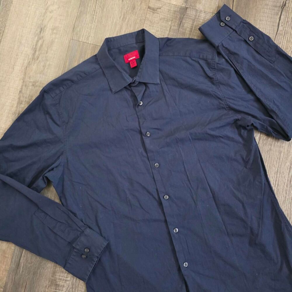 Alfani Men's Navy Long Sleeve Slim Fit Stretch Button Up Shirt